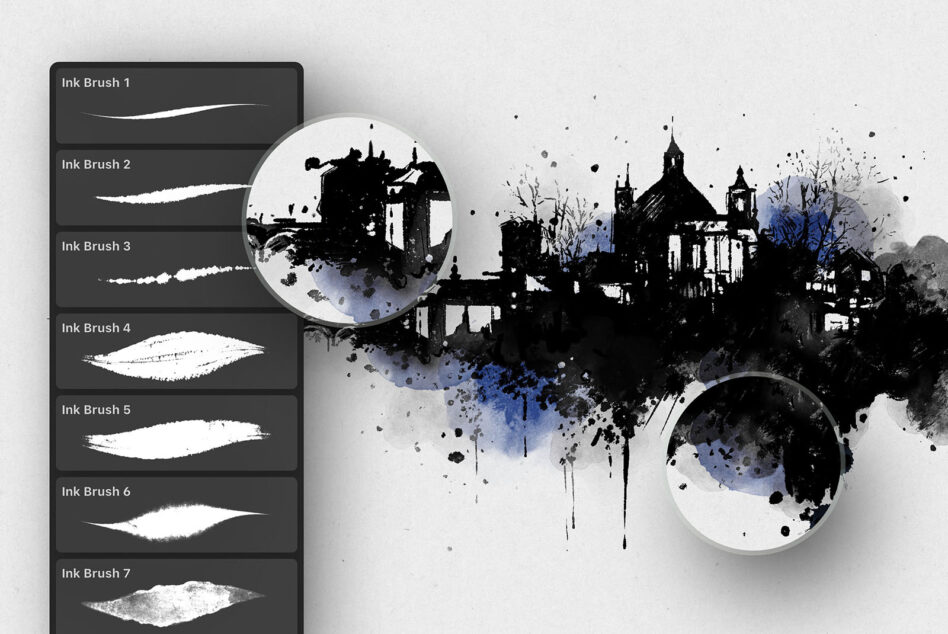 Seven ink brushes displayed with castle silhouette, ink splatters, watercolor wash effects