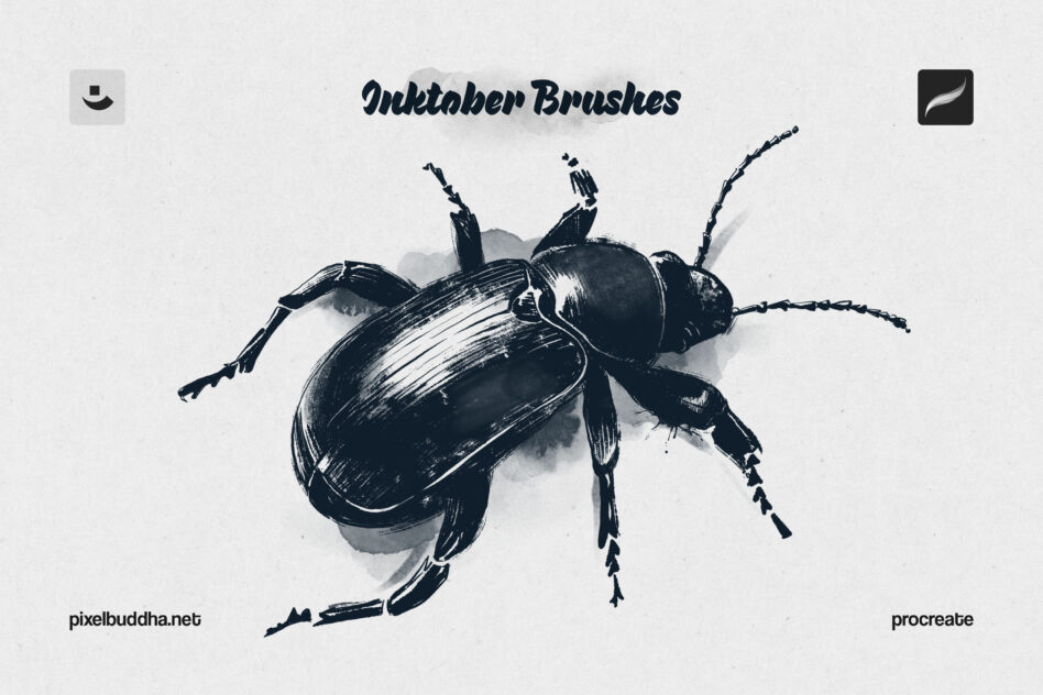 Inktaber Brushes detailed beetle illustration rendered with ink strokes in Procreate