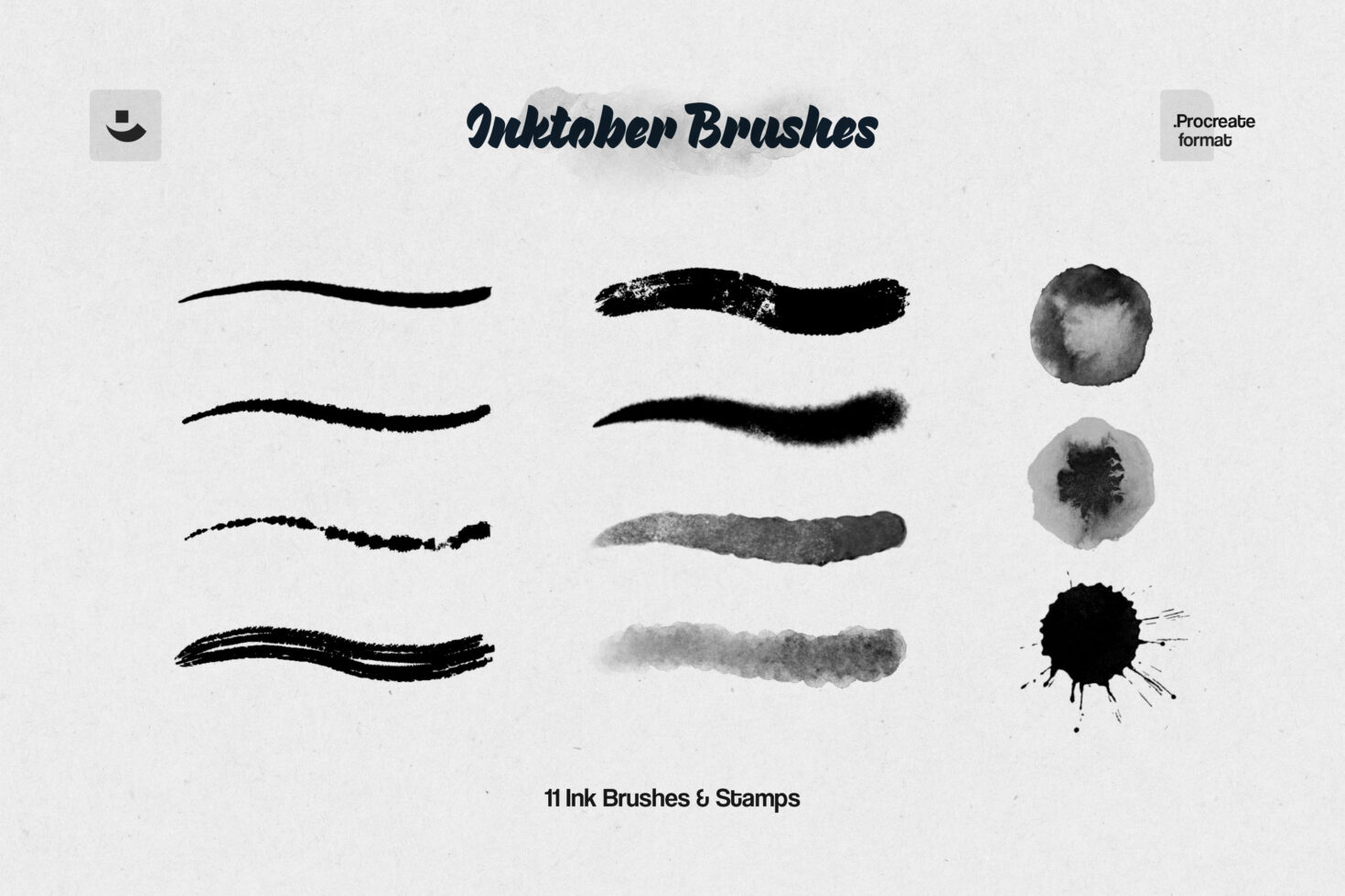 Procreate ink brush pack showcasing 11 unique strokes and stamps. Ideal for graphic designers seeking high-quality digital assets for creative projects.