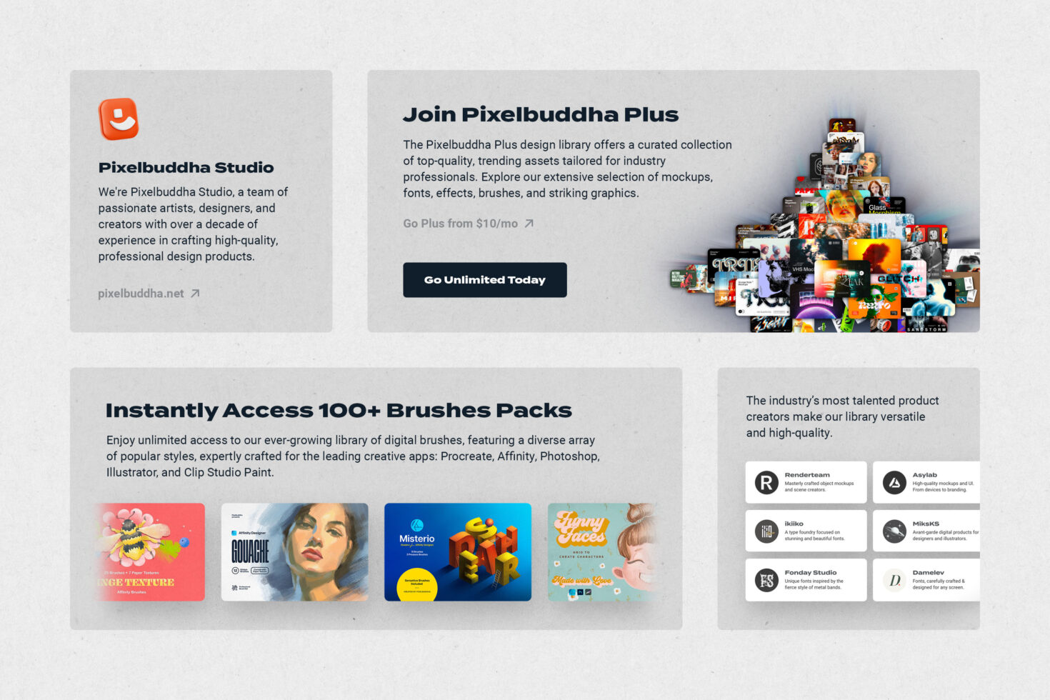 Designers' resource hub showcasing digital assets. Includes mockups, fonts, graphic templates, and brush packs for professional creators. Join Pixelbuddha Plus.