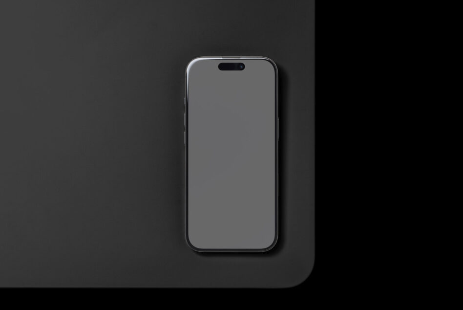 iPhone 14 mockup centered on neutral background, front facing view