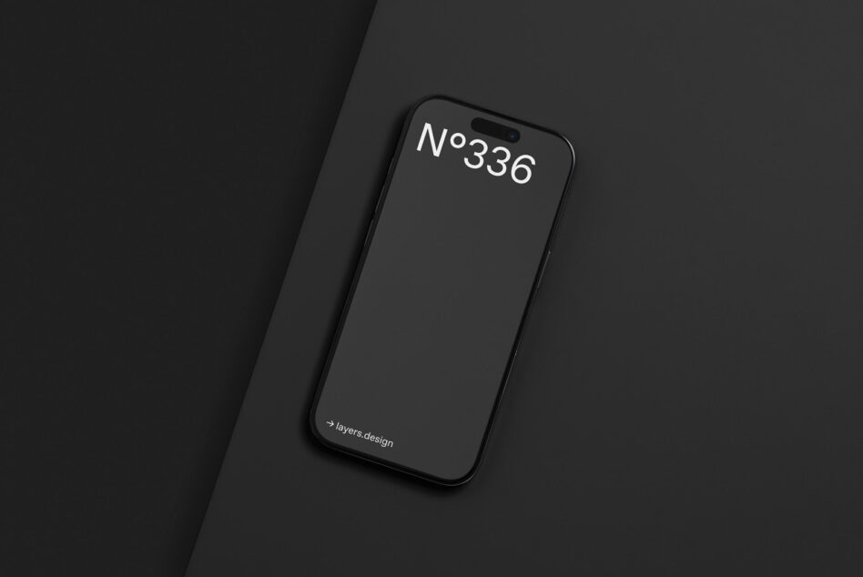 iPhone 14 Pro mockup with dark charcoal background, angled view