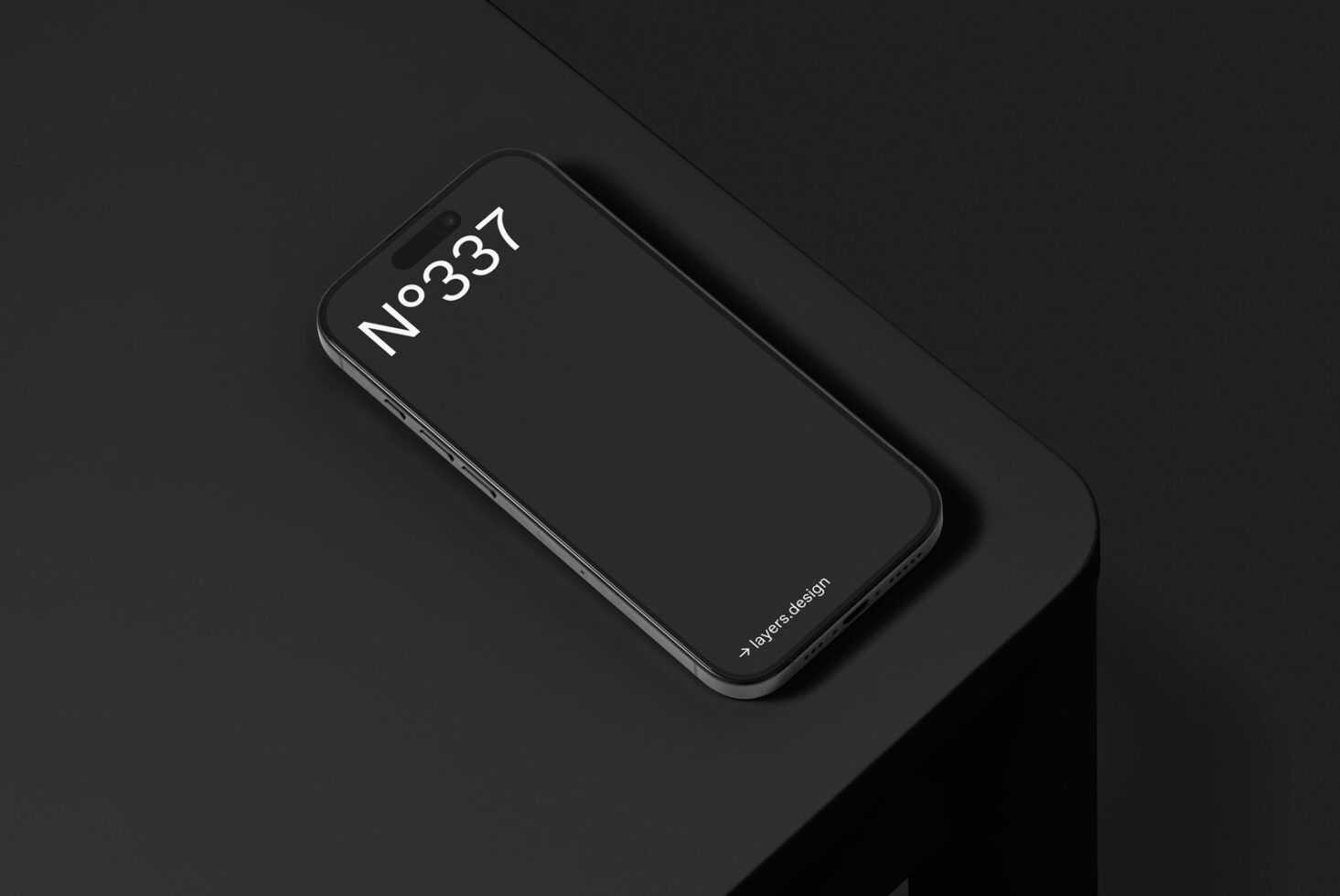 Black smartphone mockup on dark surface showcasing minimalist design. Ideal for digital designers looking for sleek, professional templates and graphics.