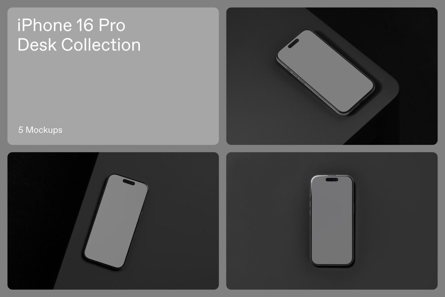 iPhone 16 Pro Mockup Collection featuring sleek desk setups. Ideal for designers needing realistic mockup templates for presentations and design projects.