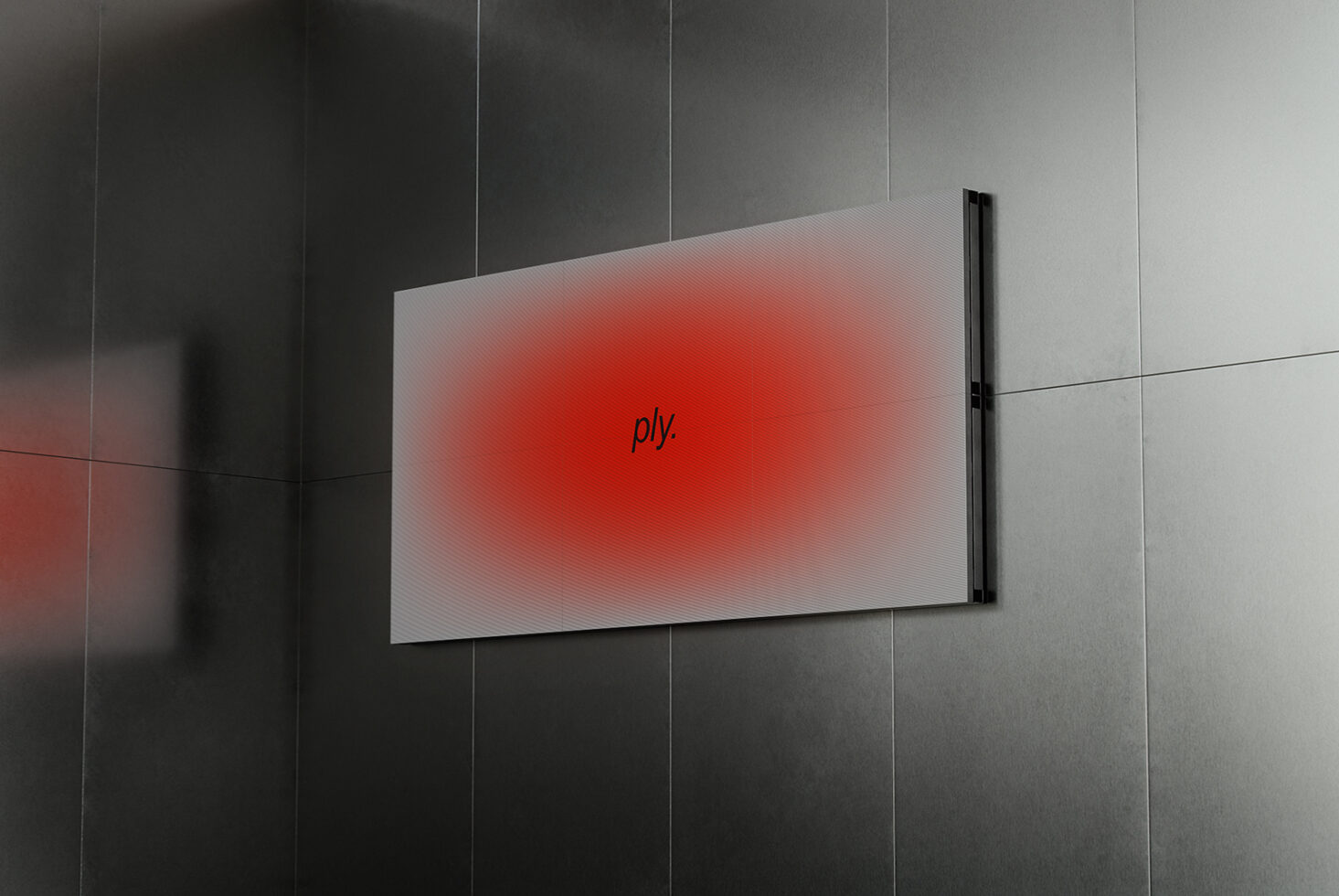 Mockup of a digital display mounted on a metallic wall with red gradient background and text ply Designers resource for modern presentations and advertising