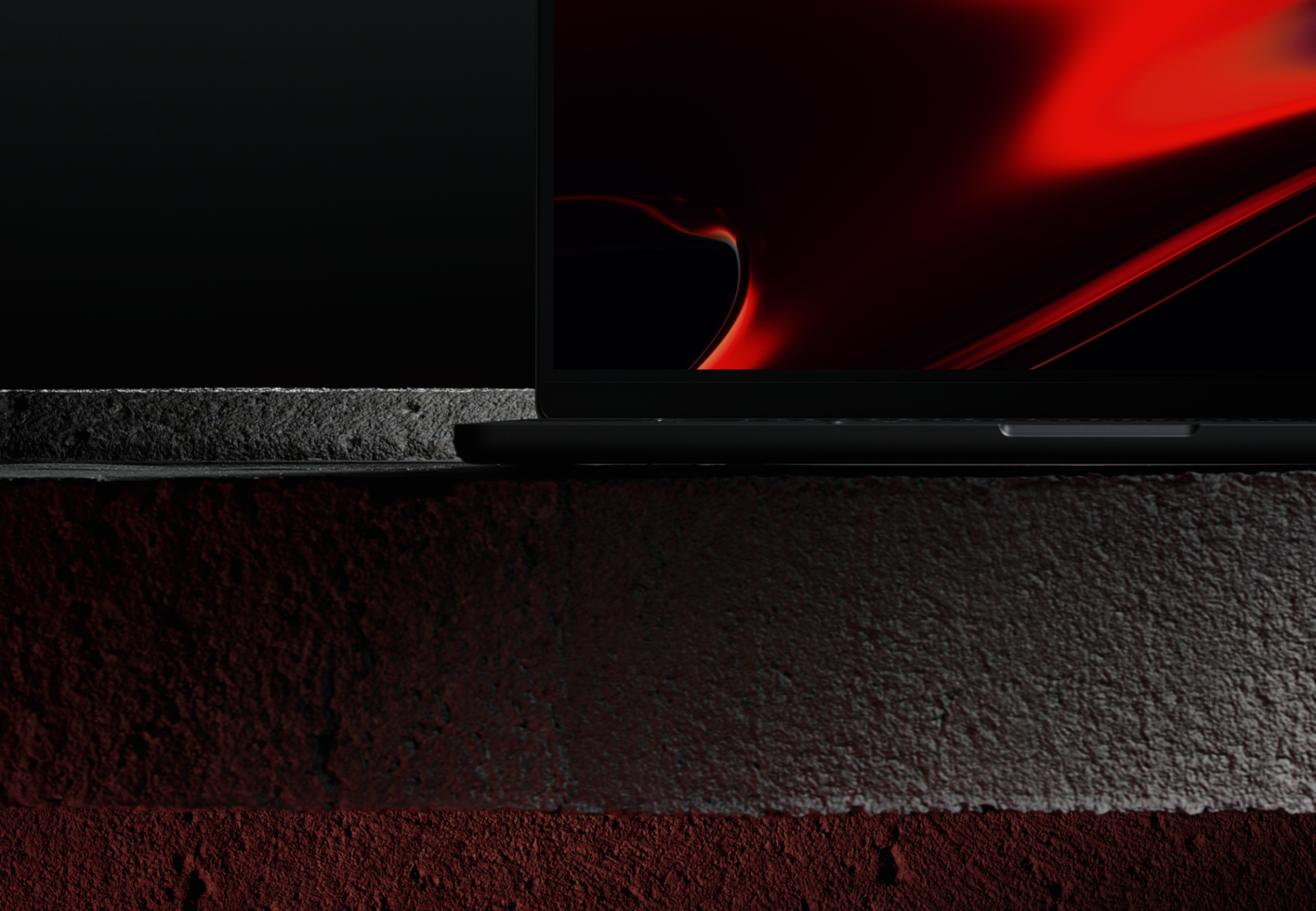 Sleek laptop mockup on textured dark red surface with modern black and red digital design perfect for graphic designers' digital assets collection.