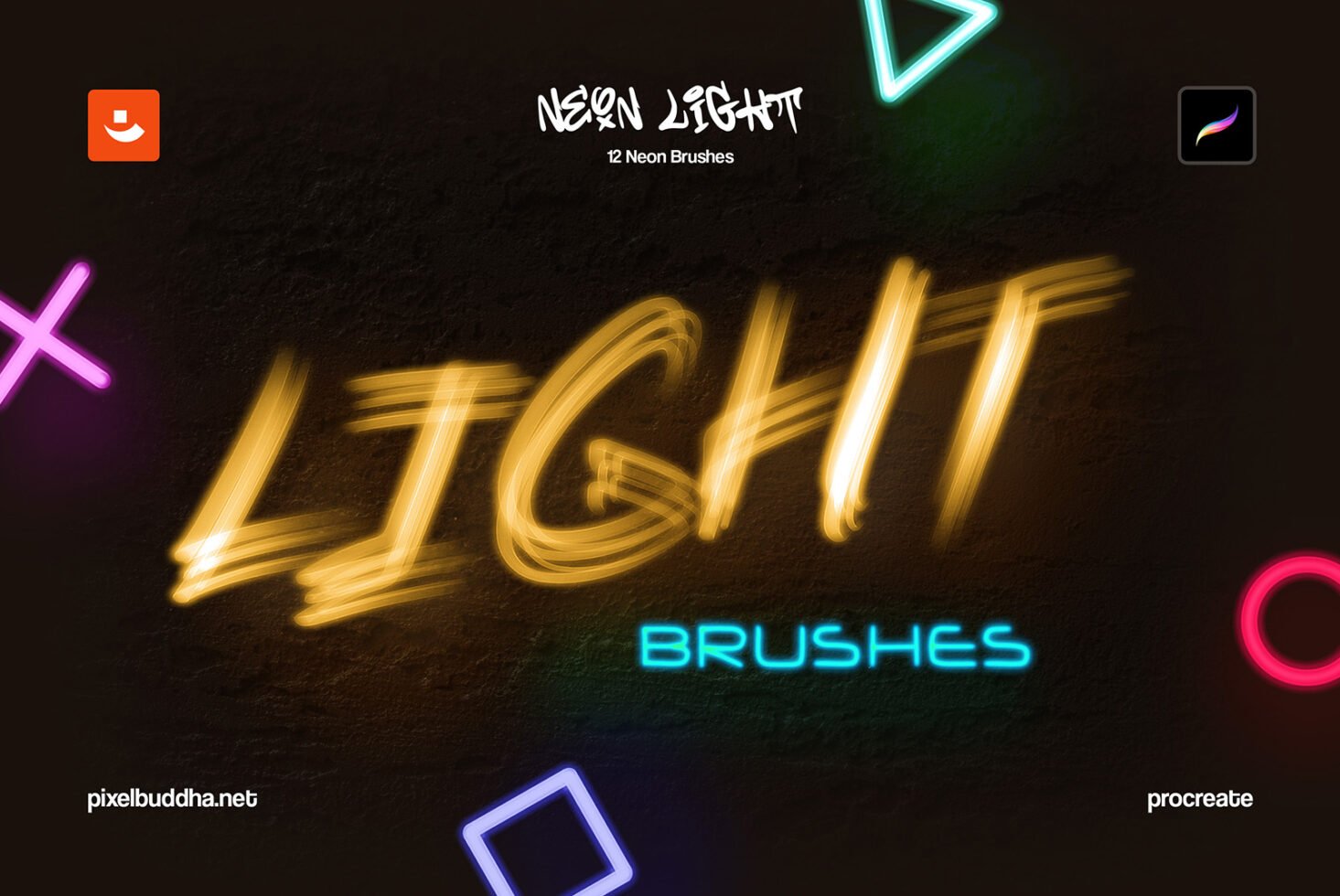 Neon Light brushes for Procreate featuring vibrant typography and geometric shapes suitable for mockups and graphic design templates. Ideal for designers.