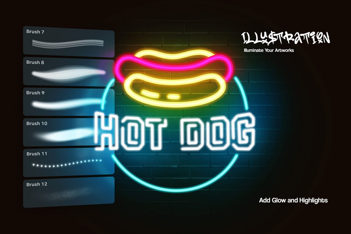 Neon hot dog sign design with various glowing brush strokes. Ideal for graphic designers seeking vibrant digital brushes for enhancing illustrations.