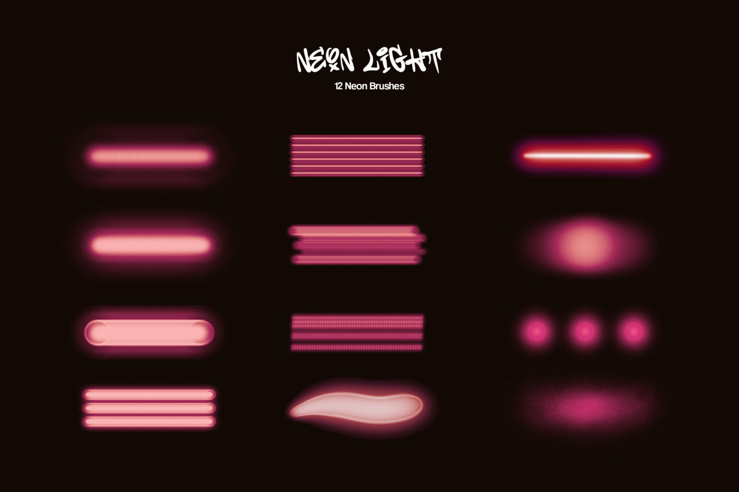 Set of 12 neon brushes in pink hues on a dark background for digital design assets. Ideal for creating modern graphics and templates. Perfect for designers.