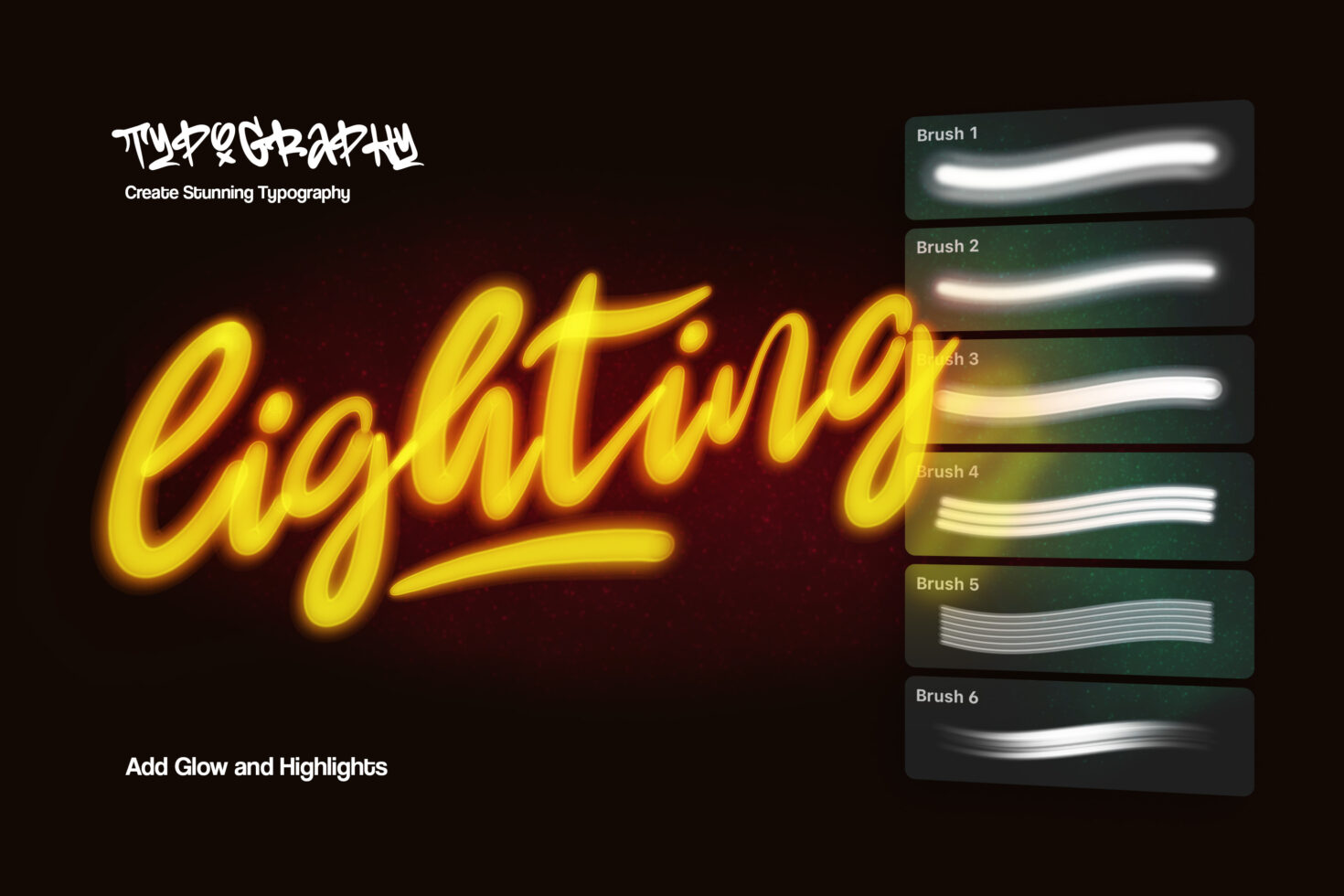 Digital brush set for typography design featuring glowing lighting effects and highlights. Ideal asset for graphic designers creating vibrant text effects.