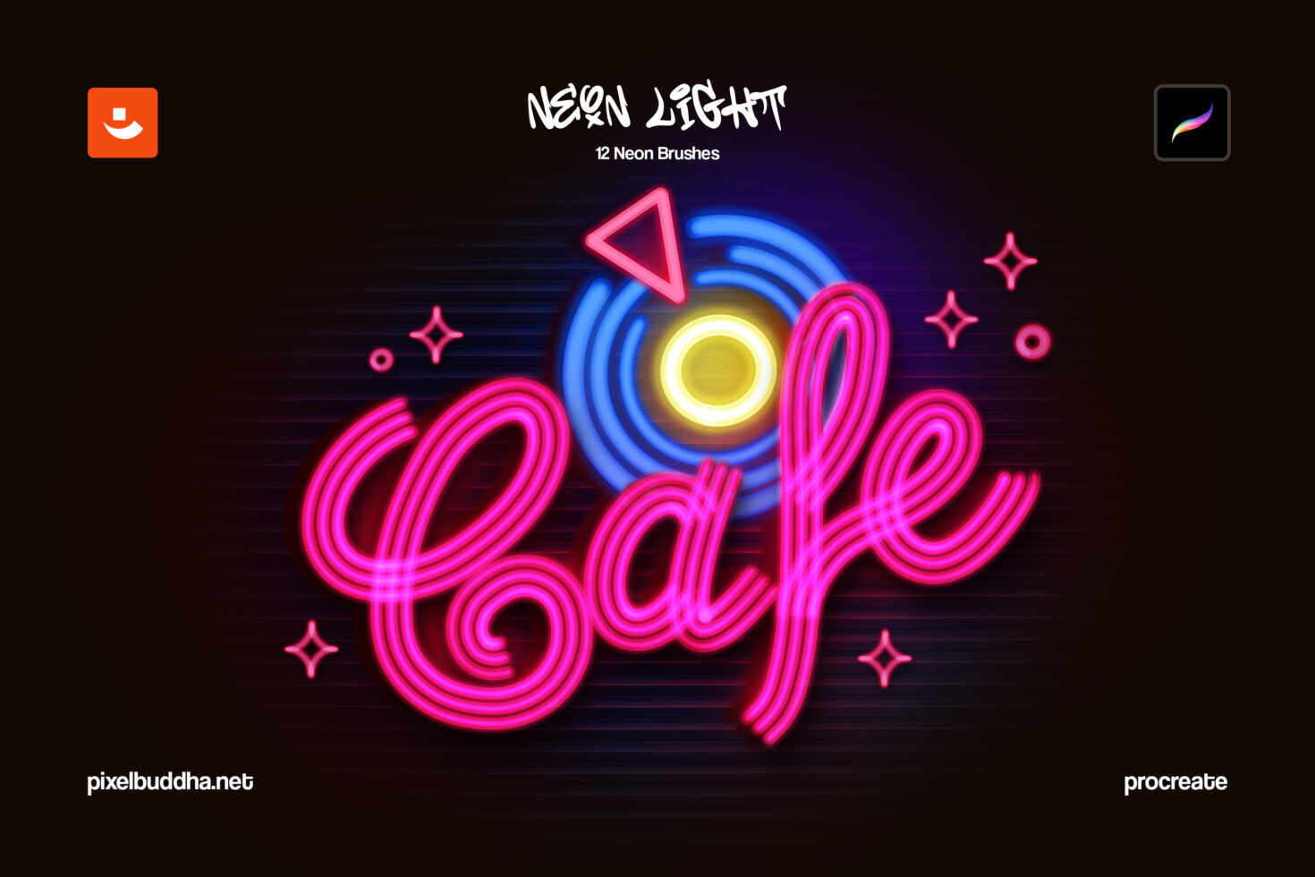 Neon cafe sign with vibrant pink lettering and glowing shapes, showcasing digital neon brushes for Procreate. Ideal for graphic design projects.