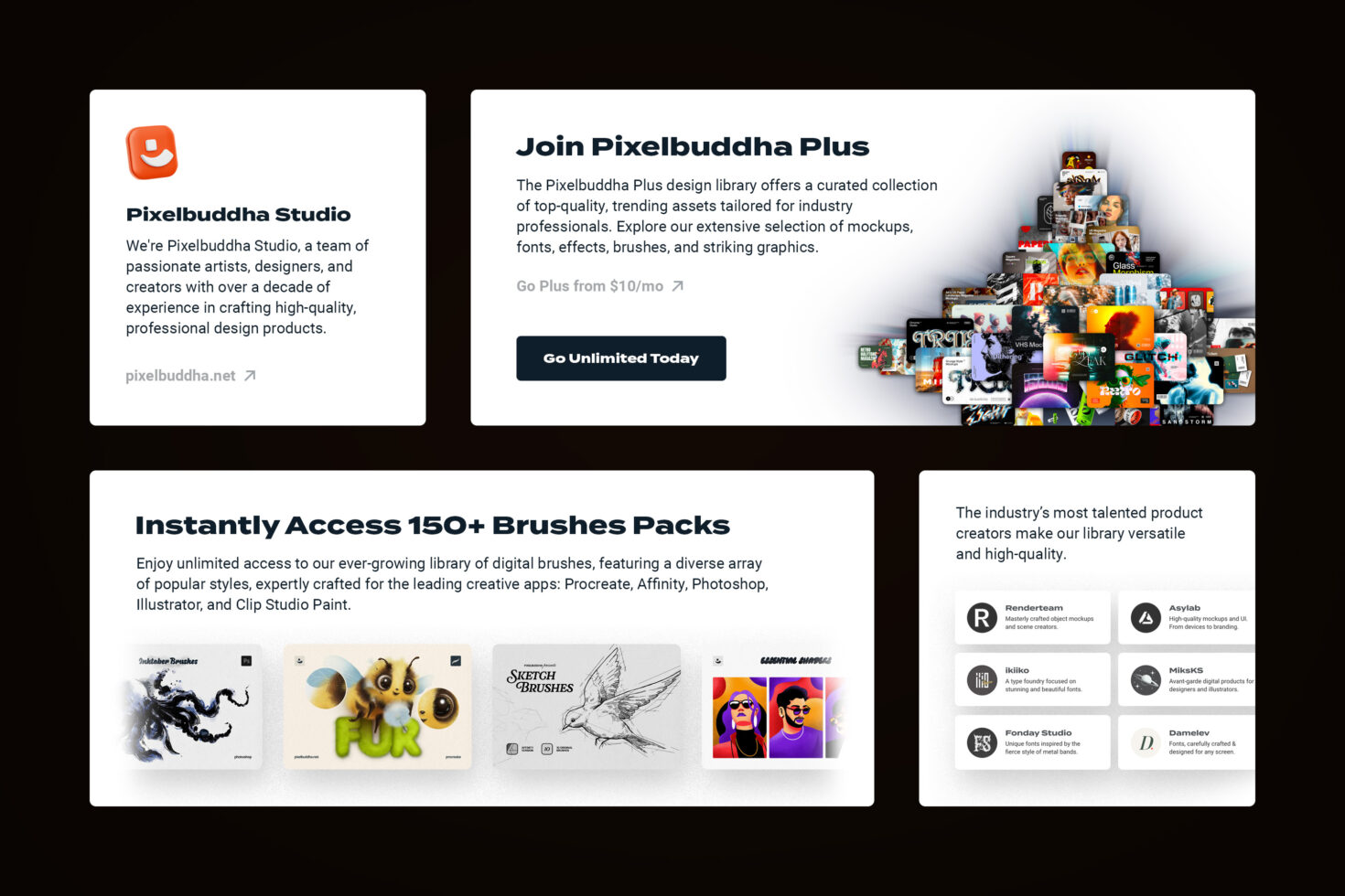 Pixelbuddha Plus offers top-quality design assets for professionals. Explore mockups, fonts, graphics, and templates. Join for unlimited access.