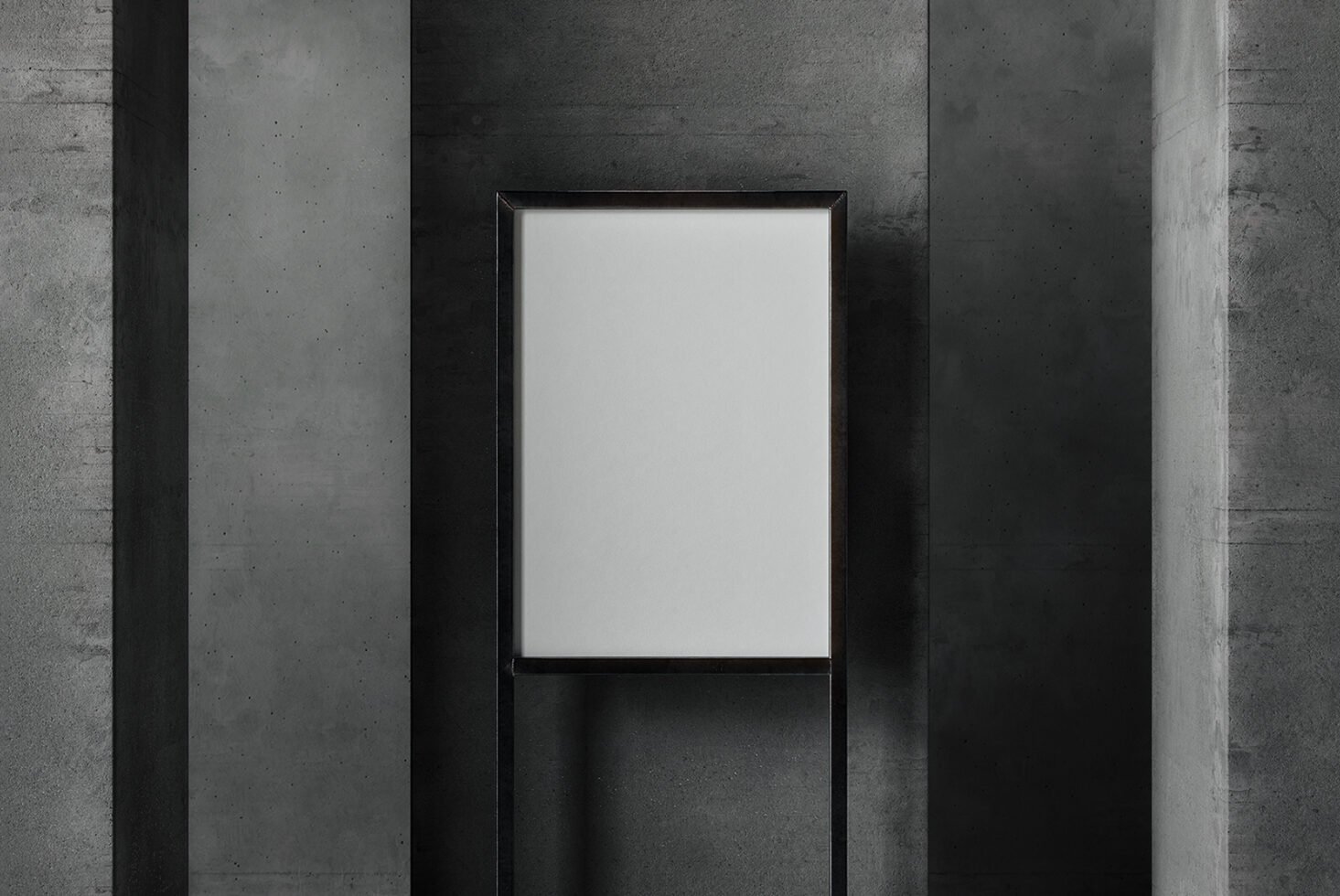 Minimalist concrete poster mockup with an empty white canvas on a modern dark grey wall. Ideal for showcasing graphic designs and templates for designers.