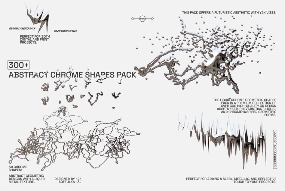 Abstract Chrome Shapes Pack with 300 plus high-quality 3D design assets. Features liquid metal textures, geometric forms for futuristic projects.