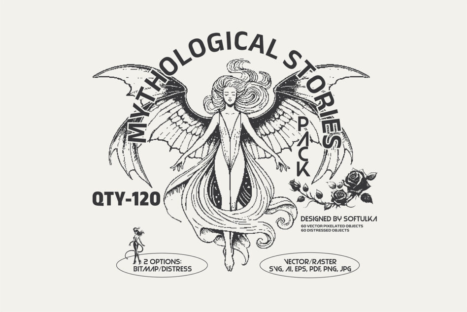 Mythological store vector graphic with winged figure, moons, roses, includes 60 vector objects