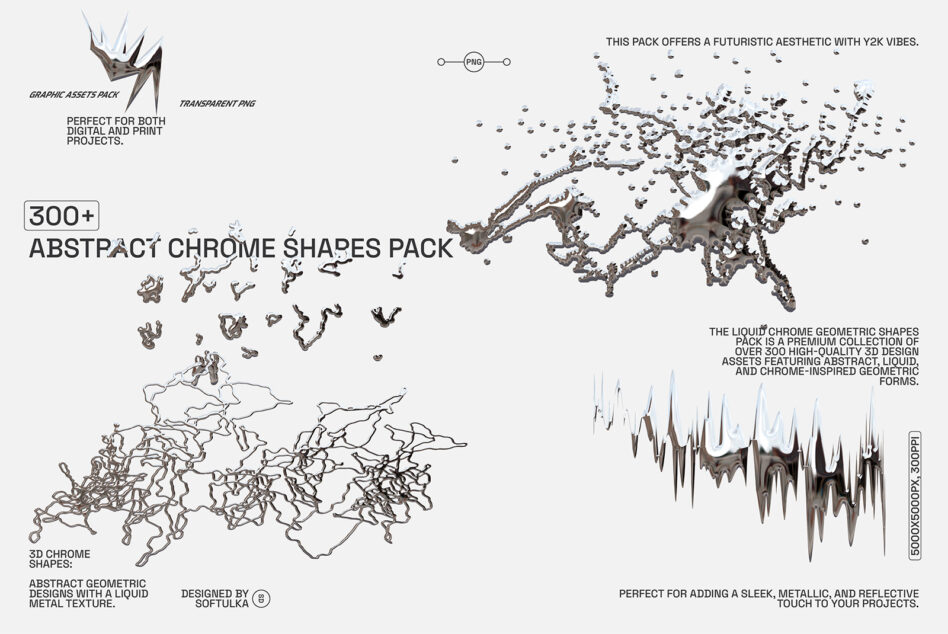Abstract chrome shapes pack for designers features 300 high-quality 3D assets with liquid geometric forms ideal for digital and print projects.