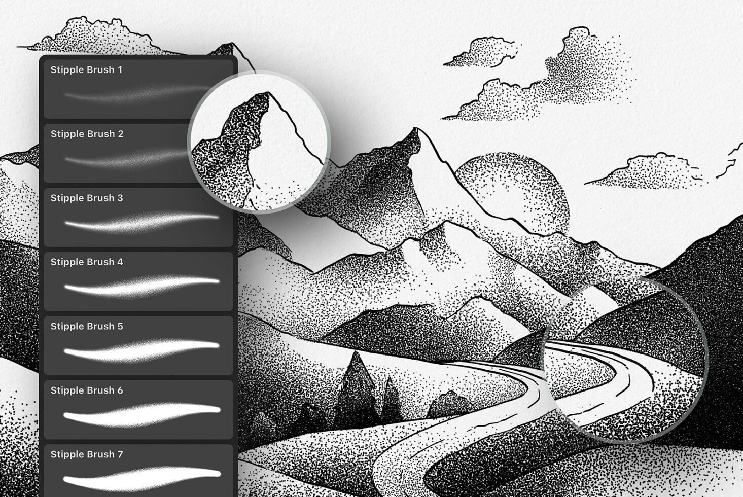 Stipple brush set for designers featuring a landscape illustration of mountains and clouds. Ideal for digital art and texture effects. Graphics asset.