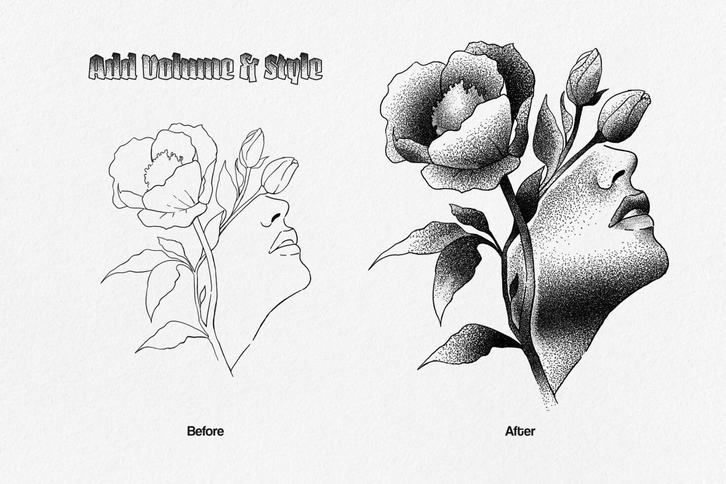 Line art floral illustration with face before and after style enhancement. Perfect for graphic design, digital artists, adding volume and texture.