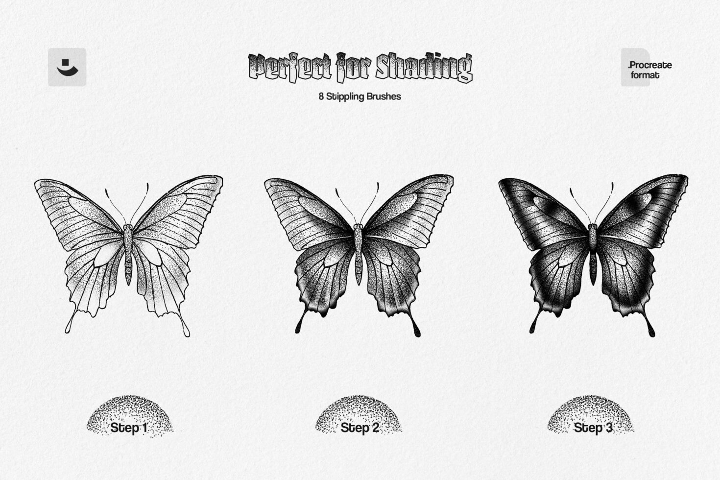 Butterfly shading illustration using stippling brushes in Procreate. Includes three steps for creating depth, ideal for graphic designers and illustrators.