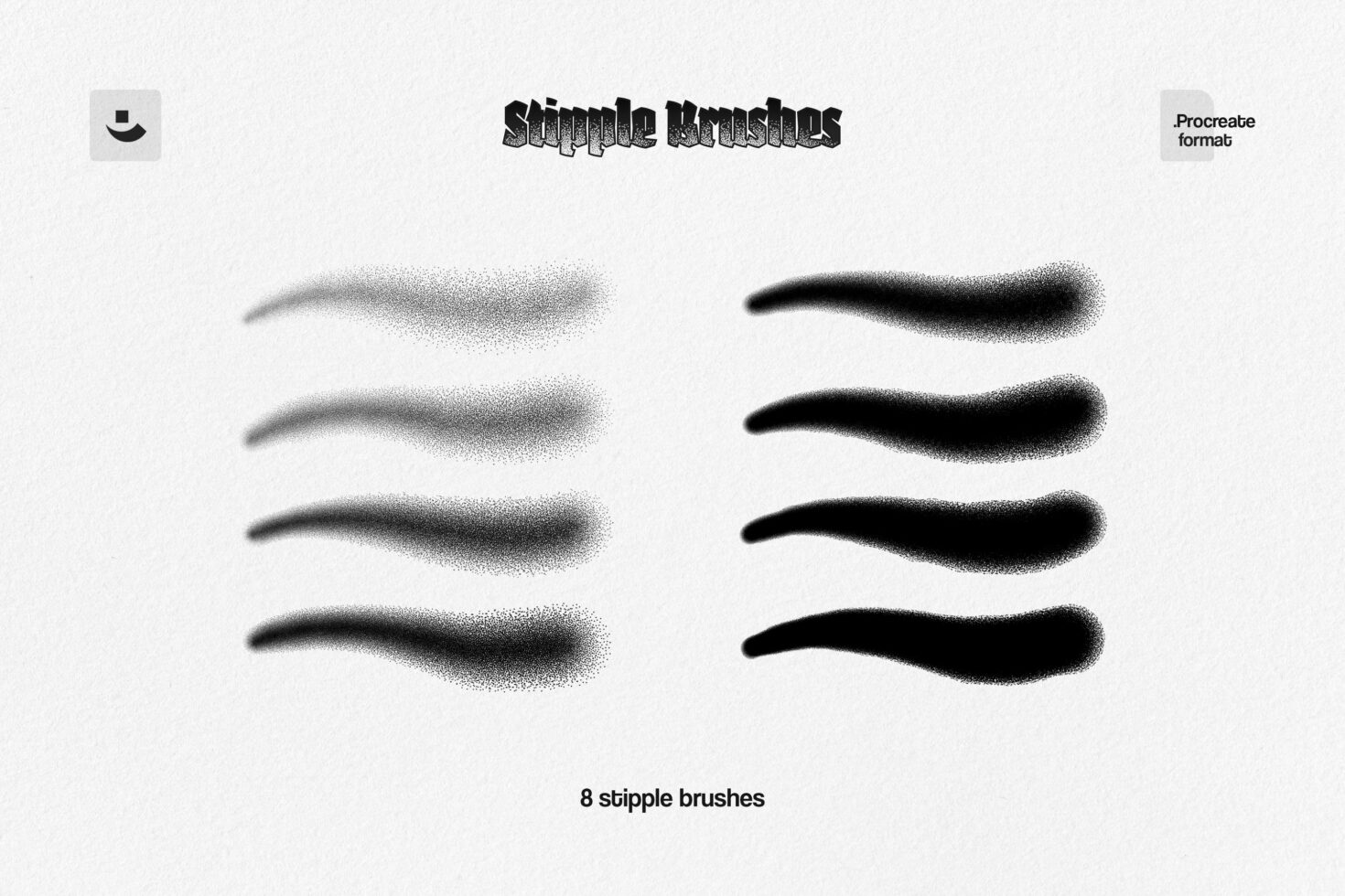 Set of 8 stipple brushes in Procreate format displayed on a white background. Ideal for designers creating textured effects. Keywords: stipple, Procreate, brushes.