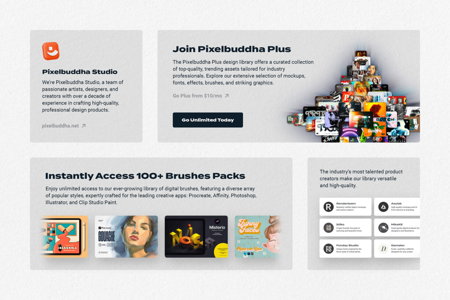 Marketplace banner showcasing Pixelbuddha Plus, offering designers access to premium assets including mockups, fonts, graphics, templates, and brush packs.