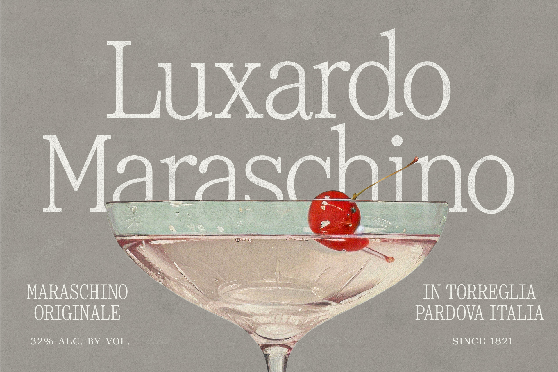 Vintage liquor mockup featuring Luxardo Maraschino branding with a cocktail glass and cherry on gray background. Ideal for designers seeking unique templates.