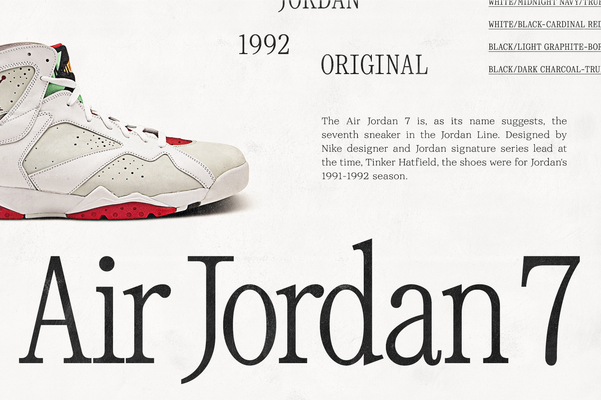 Air Jordan 7 shoe design showcasing retro style and typography for graphic designers and sneaker enthusiasts. Perfect for vintage fashion mockups.