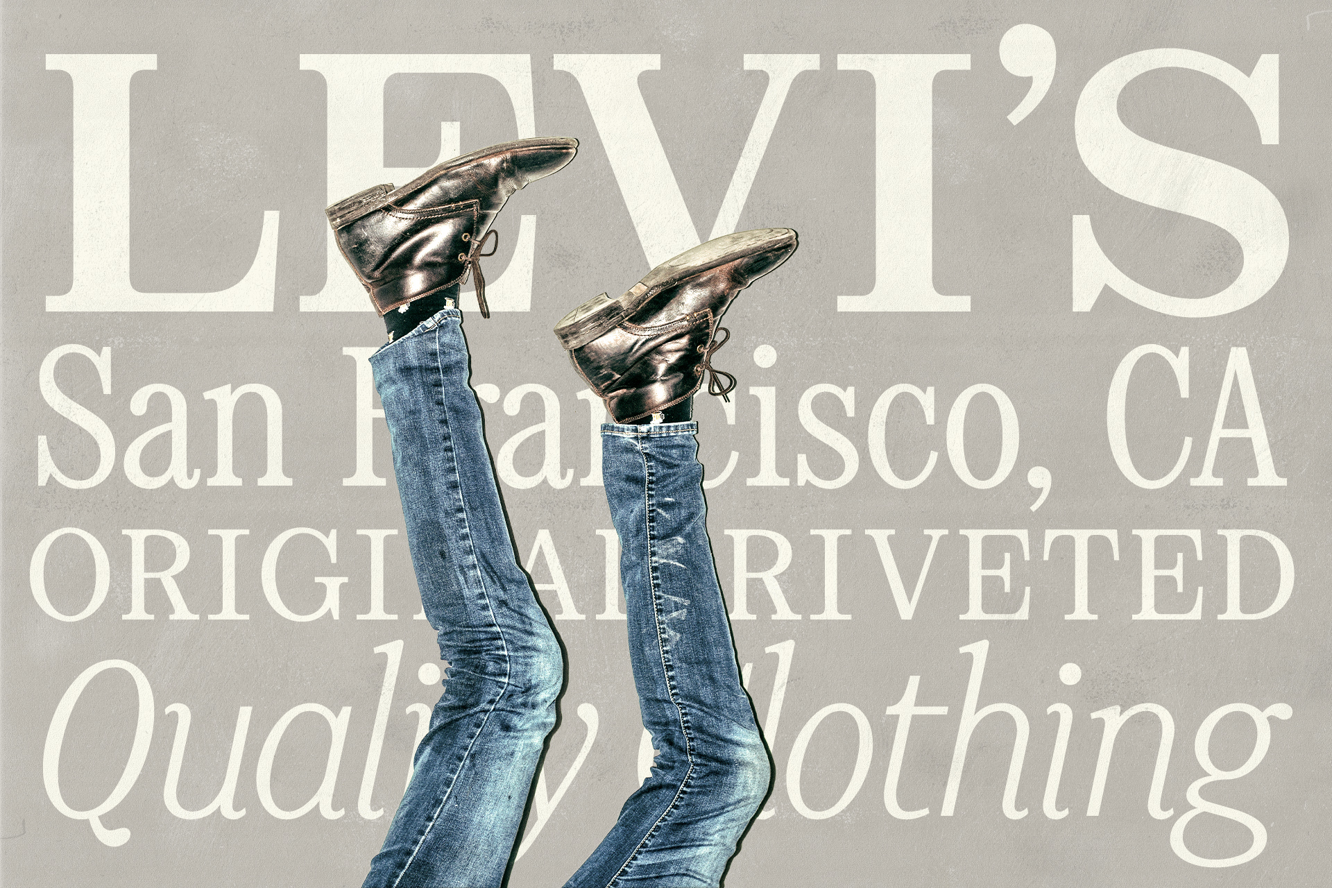 Wall art with jeans and shoes upside down and bold typography in background. Vintage graphic design suitable for designers seeking creative templates.