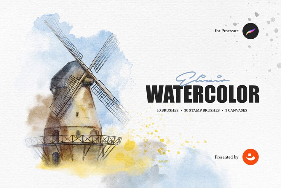 Watercolor windmill painting with blue washes, yellow splashes, ink details, Procreate brush set