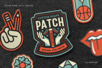 Six embroidered patches on dark fabric with retro design elements