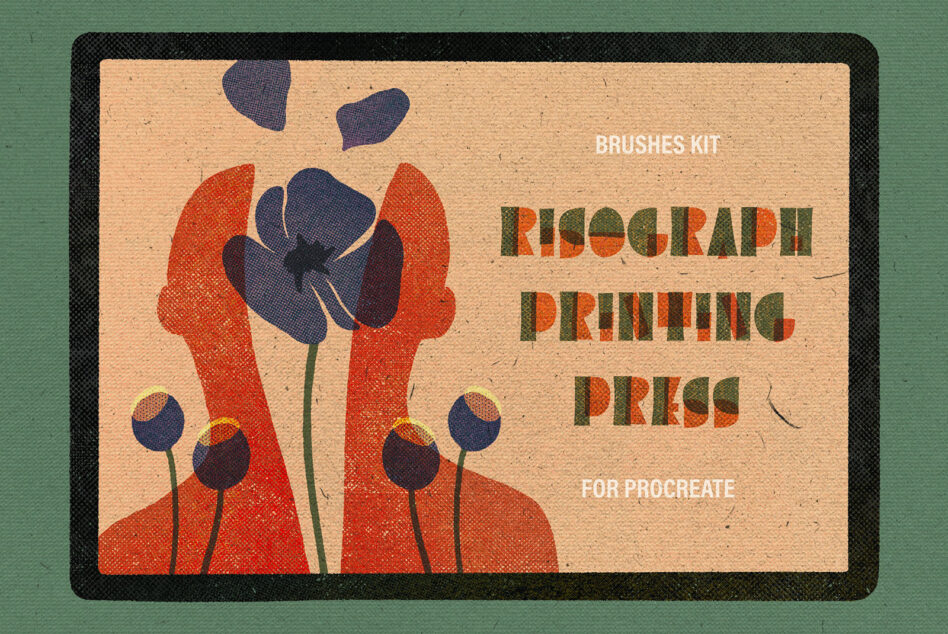 Risograph printing press brush kit packaging with red flowers on kraft card