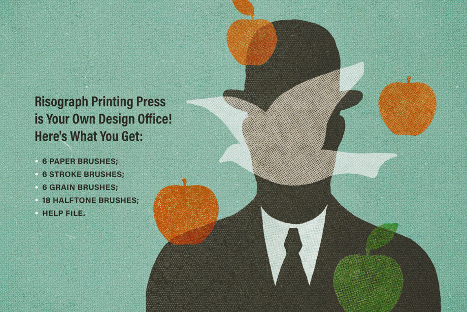 Illustrated person in suit with apples floating around head on teal background