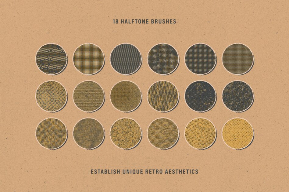 Eighteen halftone texture circles in varying dot patterns from fine to coarse