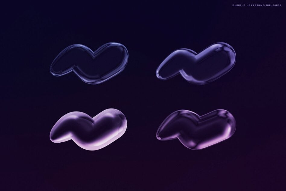 Digital bubble lettering brushes with purple gradient effect on dark background perfect for graphic design templates and mockups ideal for designers.