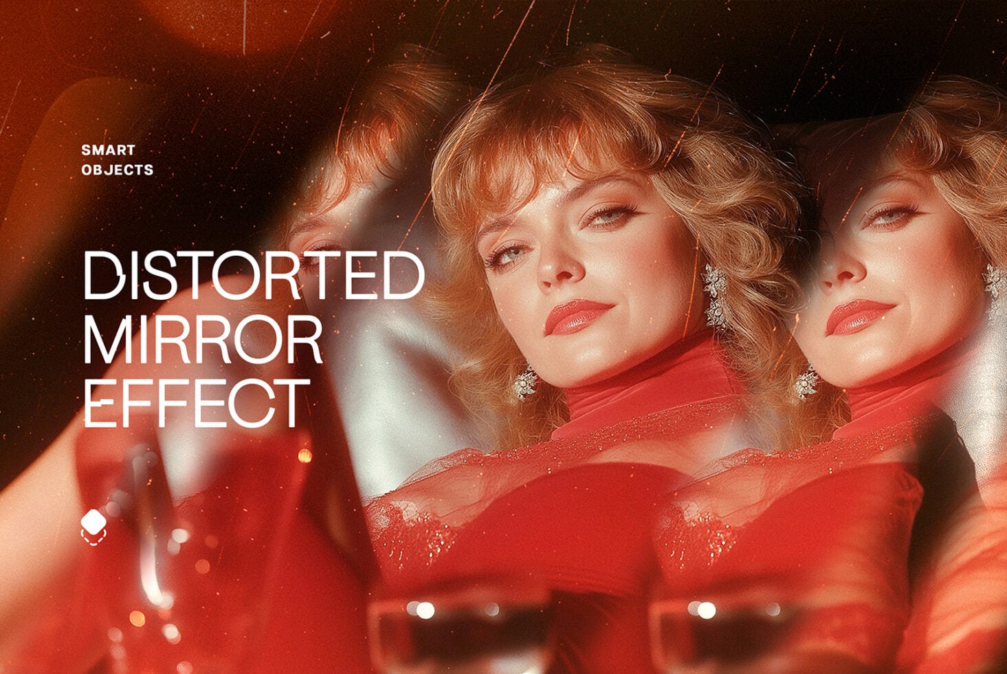 Warped mirror effect showing woman in red shirt, sparkly earrings, grainy distorted reflections