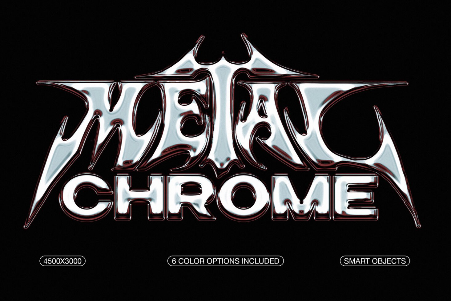 Metal chrome text effect in bold, stylized font perfect for designers. Includes 6 color options and smart objects. Ideal for logos and mockups.