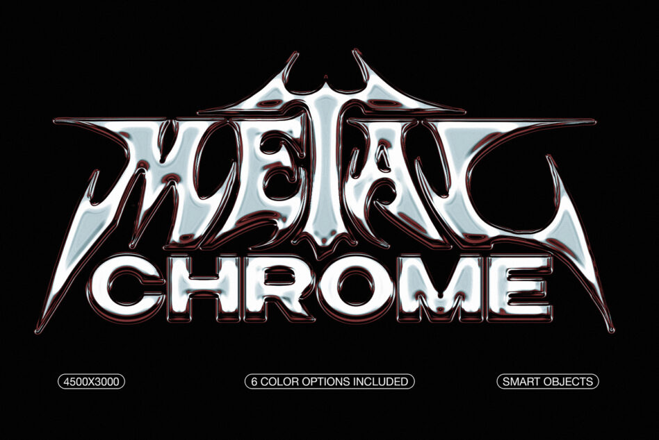Metal chrome text effect in bold, stylized font perfect for designers. Includes 6 color options and smart objects. Ideal for logos and mockups.