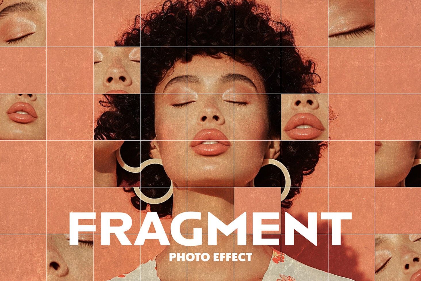 Fragment photo effect showing fragmented face with curly hair on warm backdrop