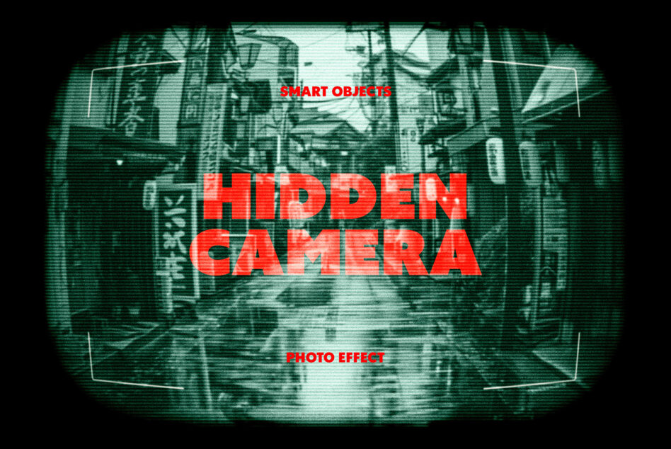 Hidden camera effect text in red over green VHS distorted crowd photo with scanlines