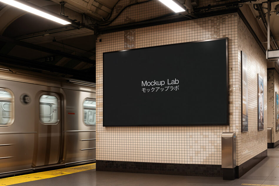 Black horizontal billboard in tiled subway station beside parked train