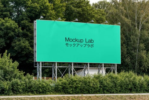Large outdoor billboard mockup with green background in natural setting trees. Ideal for advertisements presentation. High resolution design asset.