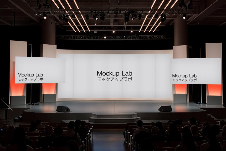 Conference stage mockup with illuminated screens reads Mockup Lab. Ideal for presentations and event design templates. Perfect for designers seeking inspiration.
