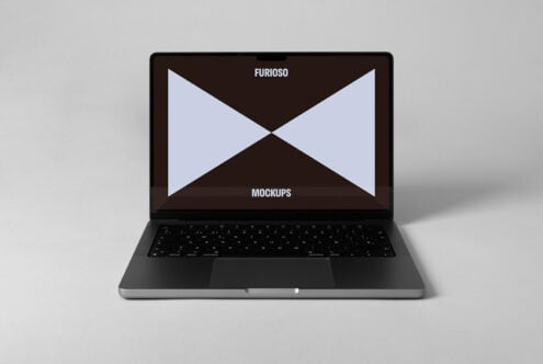 Laptop screen displaying a mockup design with geometric shapes on a neutral background. Ideal for showcasing digital assets for designers and creatives.