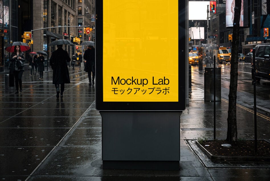 Yellow street sign mockup in Times Square with rain, umbrellas, yellow cabs, neon lights
