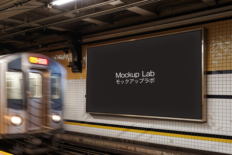 Transit platform billboard mockup with black background beside arriving train
