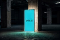 Glowing cyan rectangular lightbox in gritty basement with concrete pillars