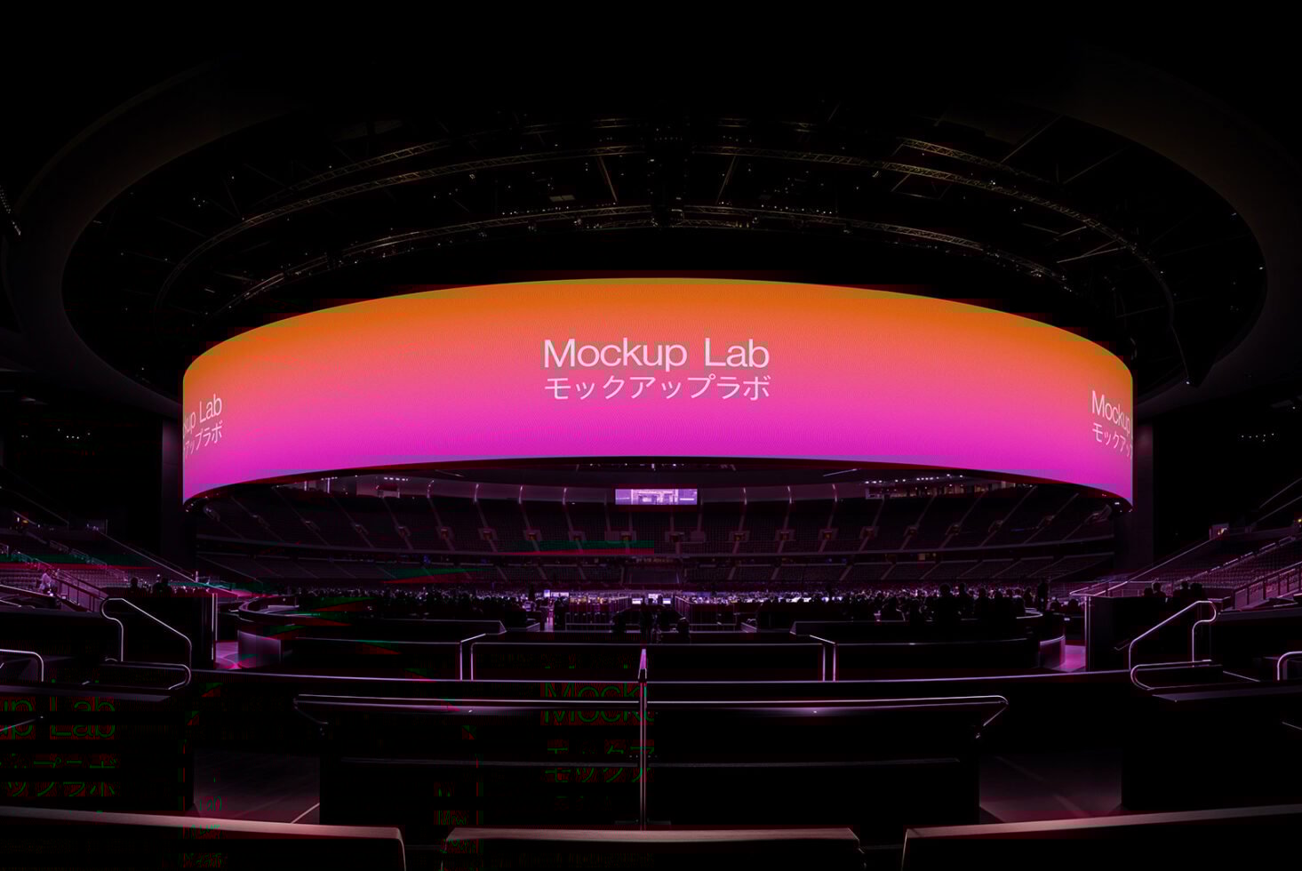 Panoramic digital mockup display in a spacious arena setting with vibrant gradient tones ideal for showcasing branding or event visuals to designers.