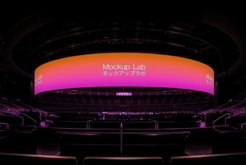 Panoramic digital mockup display in a spacious arena setting with vibrant gradient tones ideal for showcasing branding or event visuals to designers.