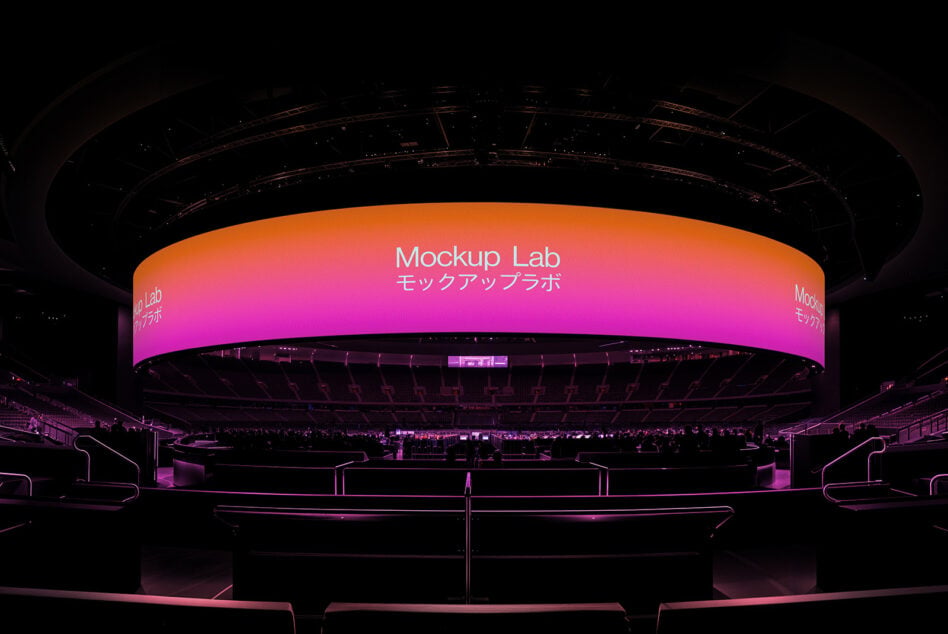 Stadium jumbotron displaying orange to pink gradient with Mockup Lab text