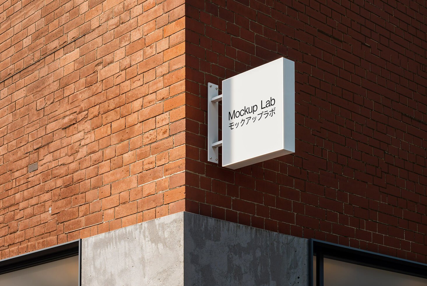 Square wall sign mockup on brick building corner suitable for branding presentations and design showcases in urban settings; ideal for designer projects.